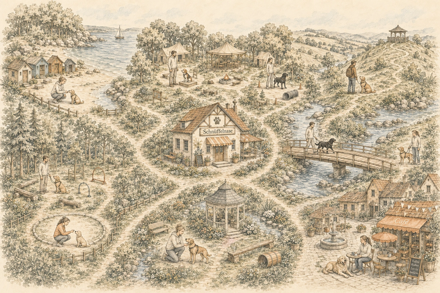 Illustrierte Schnüffelnase-Landschaft mit den Regionen der LernWelt.